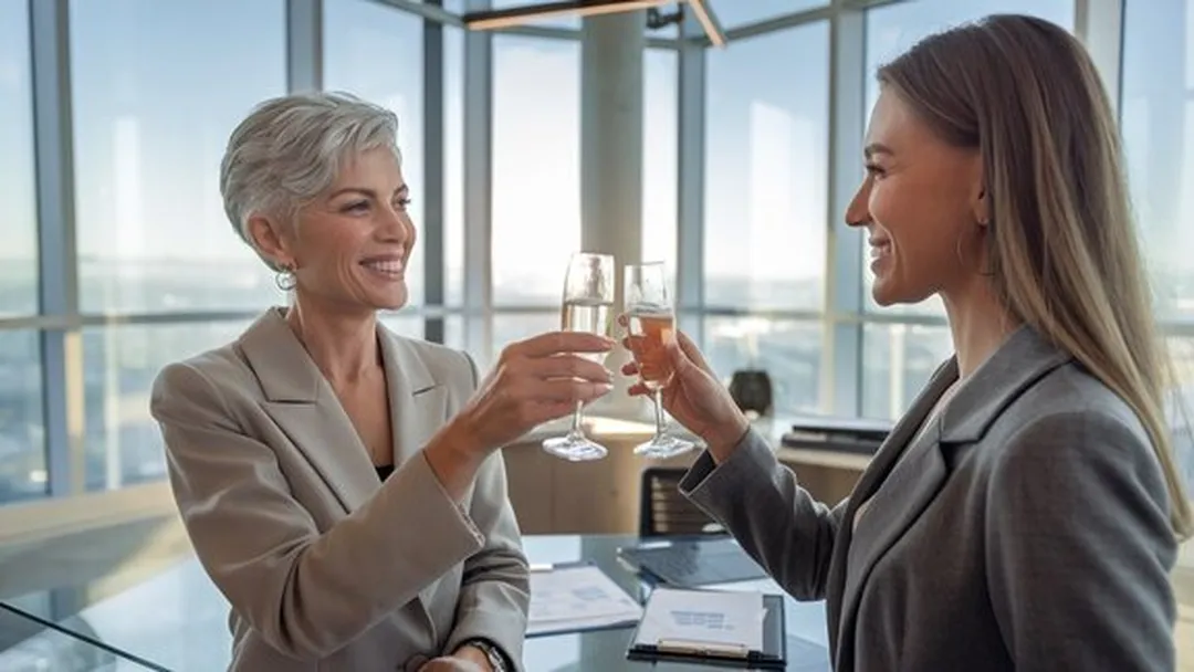 Zwei Unternehmerinnen mit Champagner