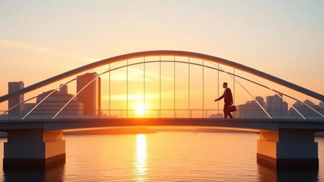 Unternehmer mit Koffer geht über eine Brücke bei Sonnenuntergang