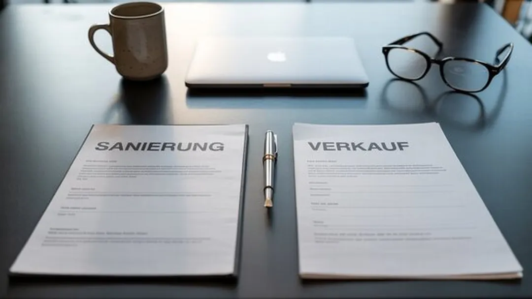 Sanierung und Verkauf - Dokumente auf dem Schreibtisch