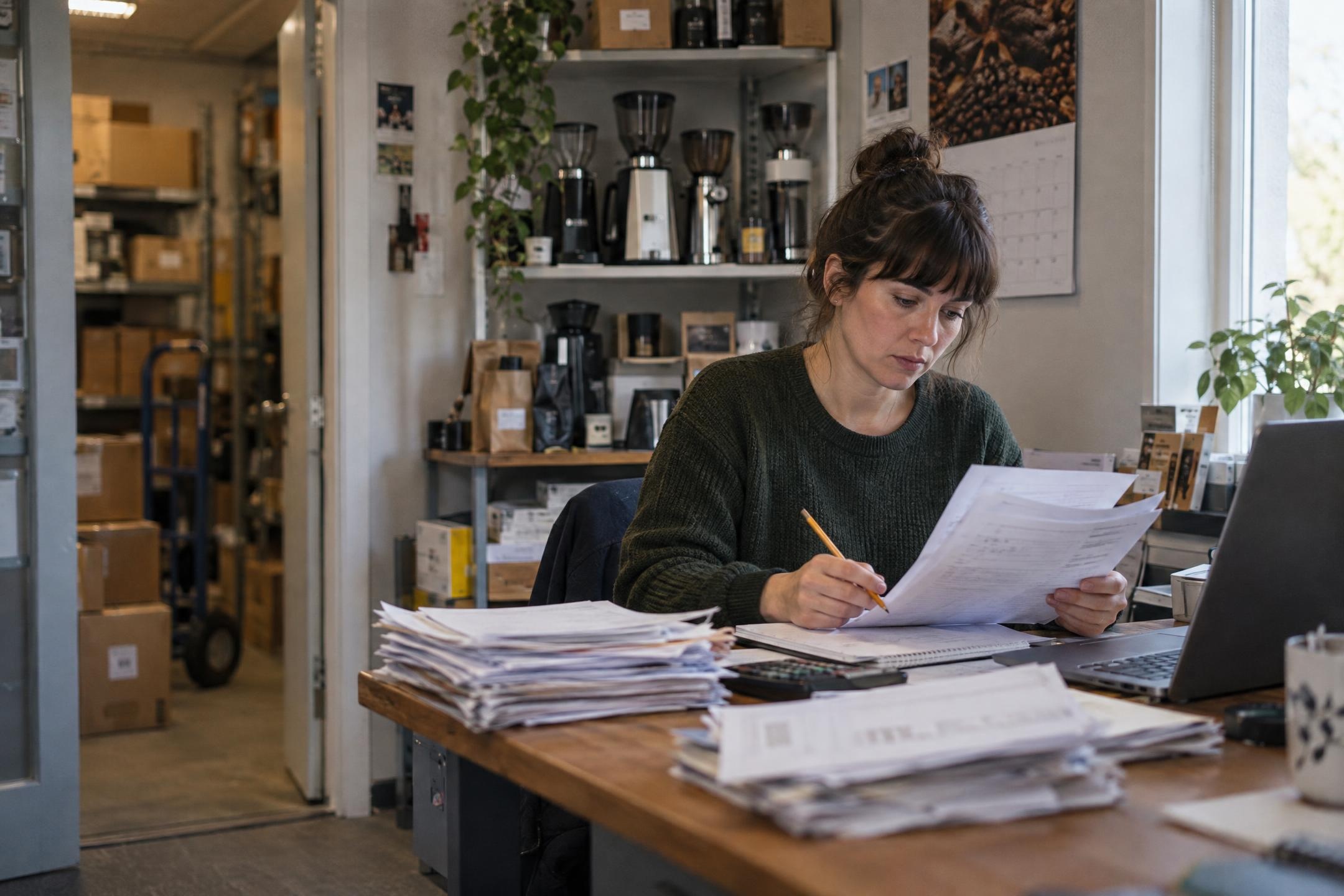 A bookkeeper ticking printed statements against supplier invoices in a shop's back office
