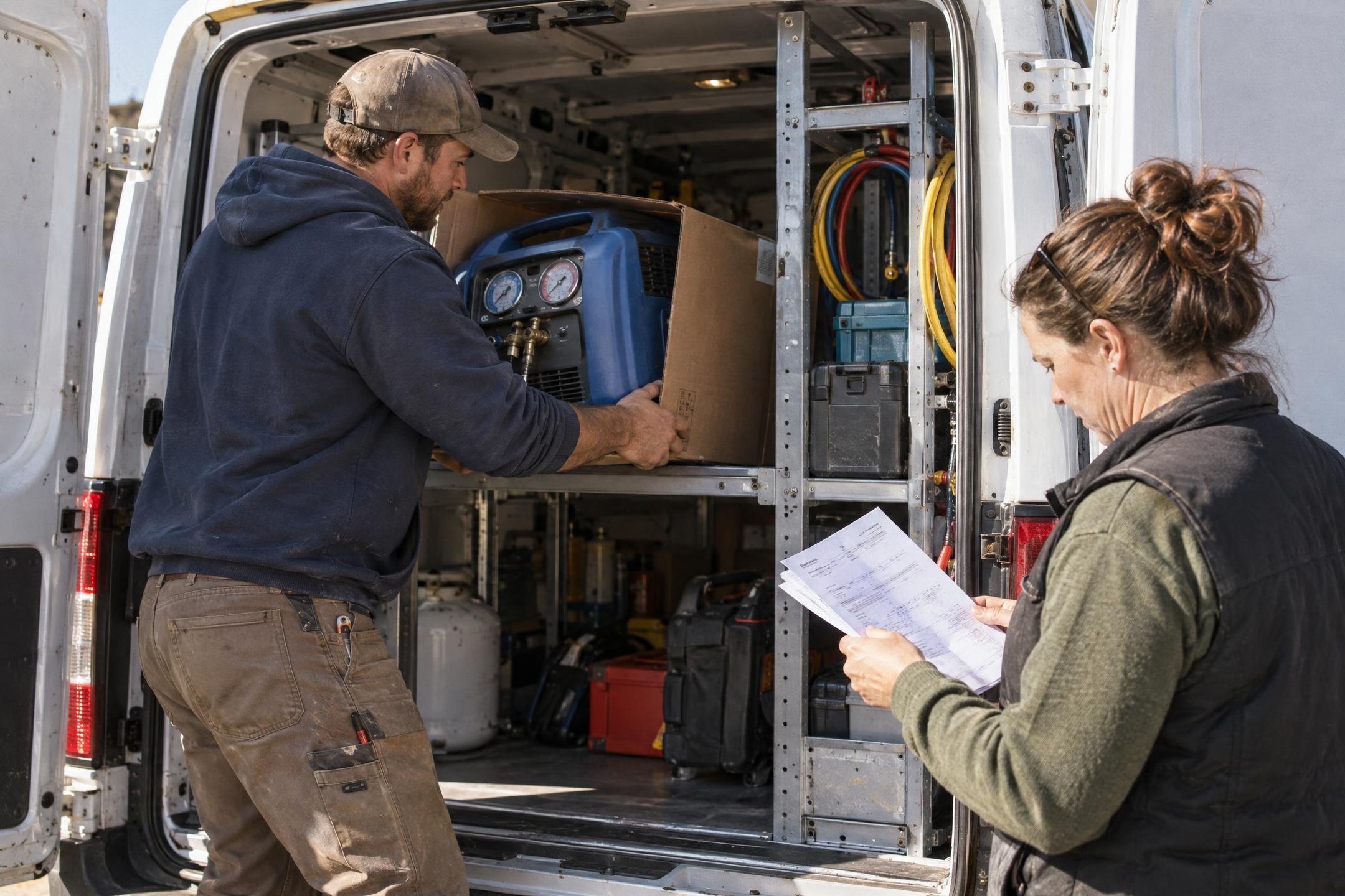 A technician loads a new refrigerant recovery machine into a van; the owner reads paperwork