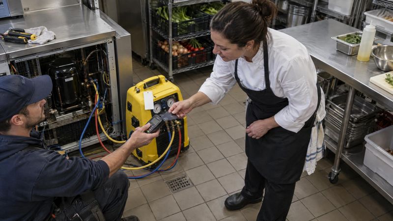 A refrigeration technician holds out a card reader to a chef in a kitchen