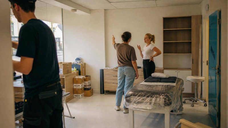 Two people talking mid-fit-out in a clinic room, couch half unwrapped