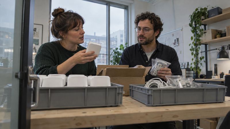 Two cofounders sorting sensor units and mounting brackets into two grey trays