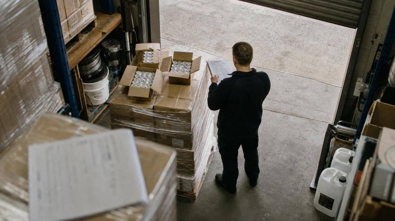 Cartons part-opened on a pallet at a goods-in door, receiver checking behind