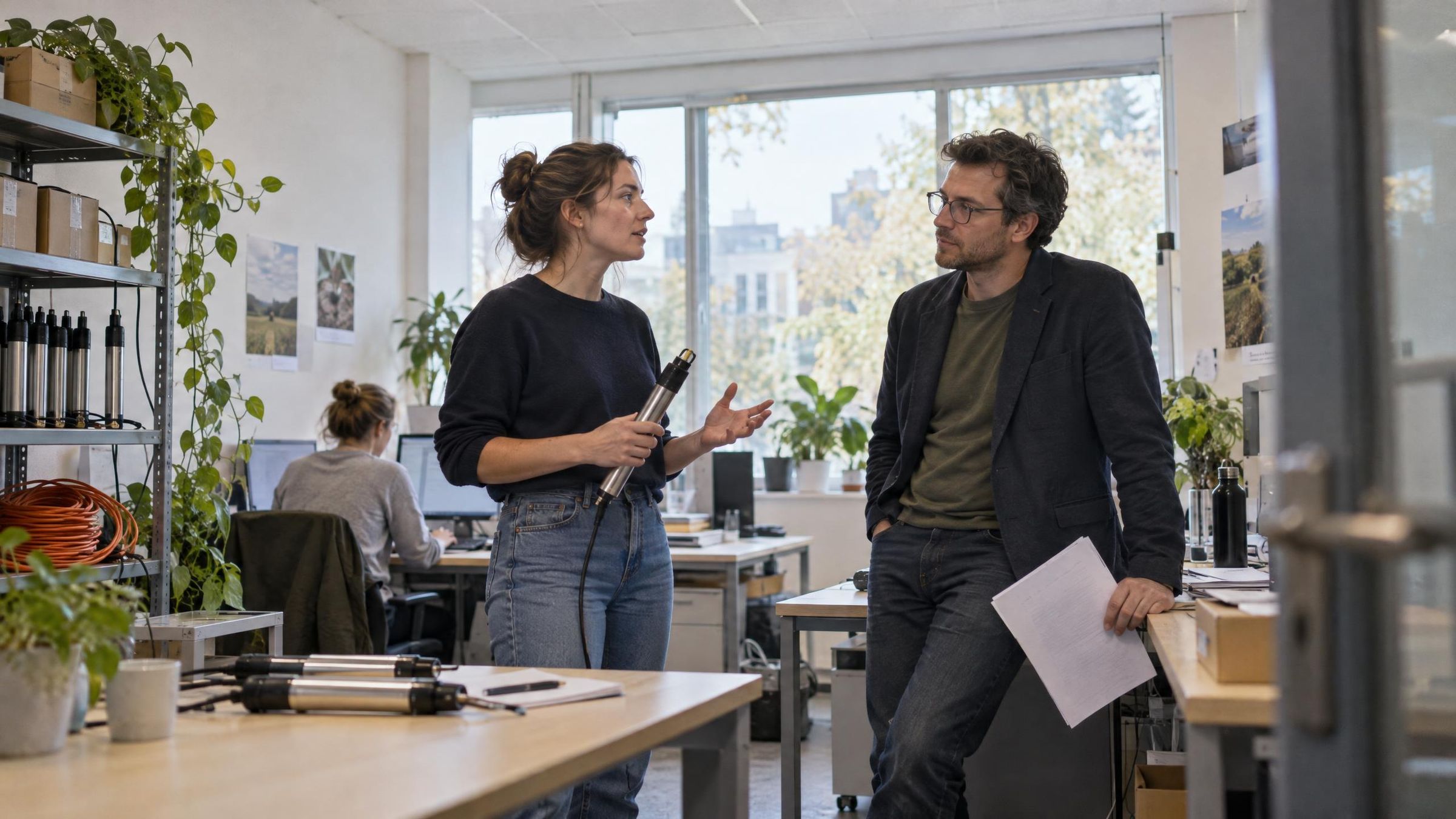 A woman holding a sensor probe talks with a man leaning on a desk