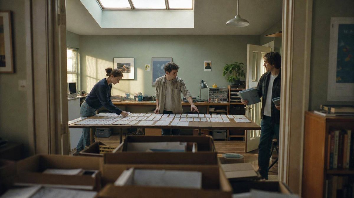 Three people laying printed statements in date order along a long studio table