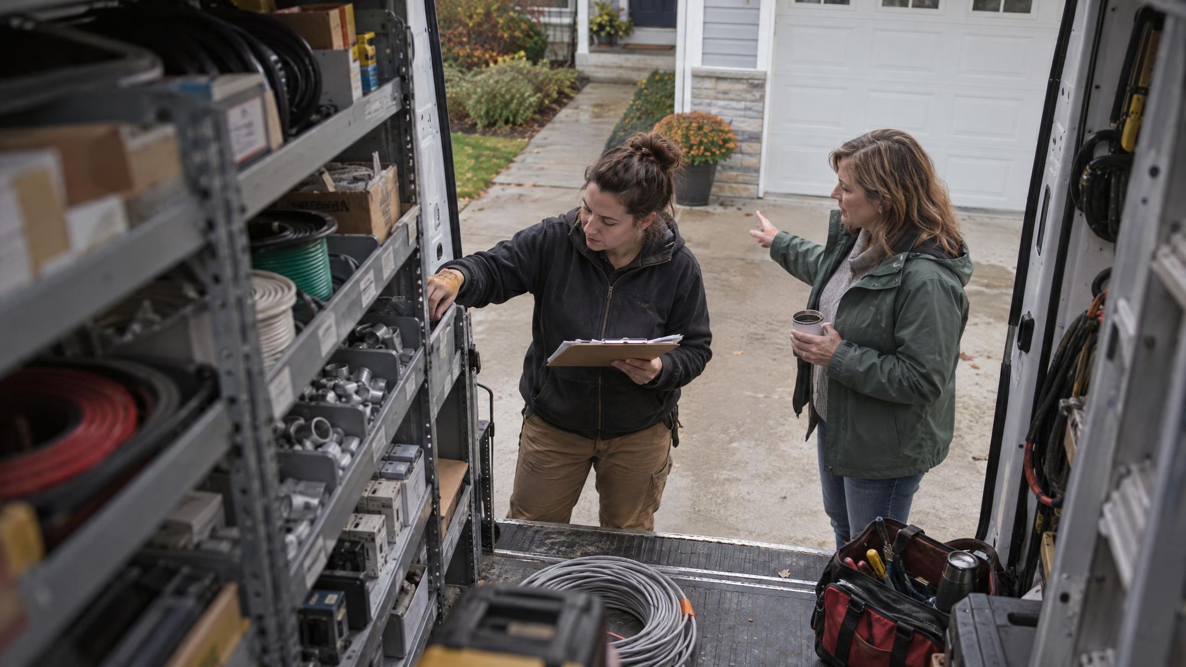 An electrician counting van stock onto a clipboard while a homeowner describes the job