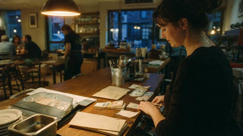 A cafe owner sorting the day's takings into separate bags at the counter