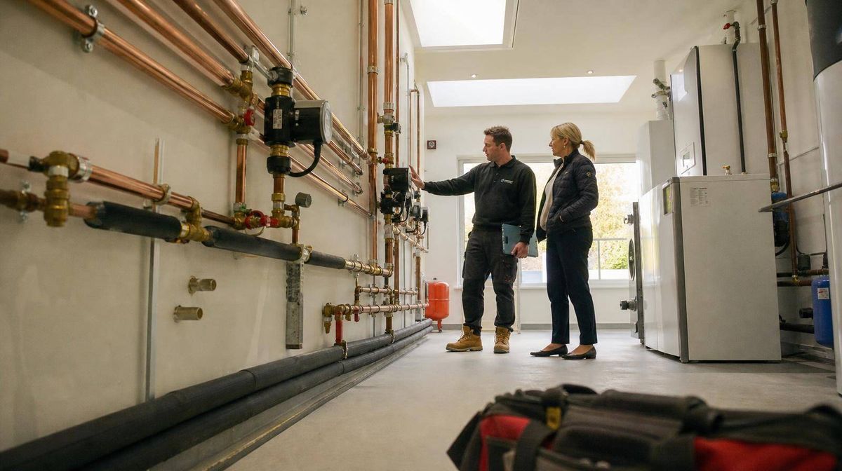 A plumber and a customer standing beside a newly installed run of pipework
