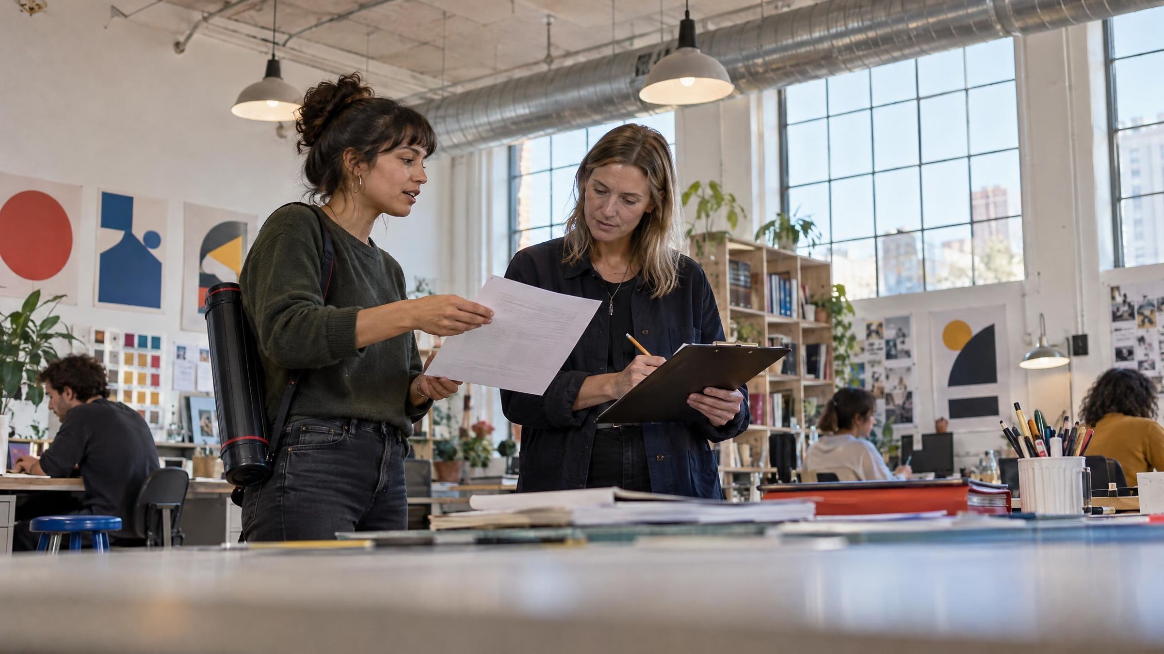 An illustrator hands a filled-in form to a studio manager holding a clipboard