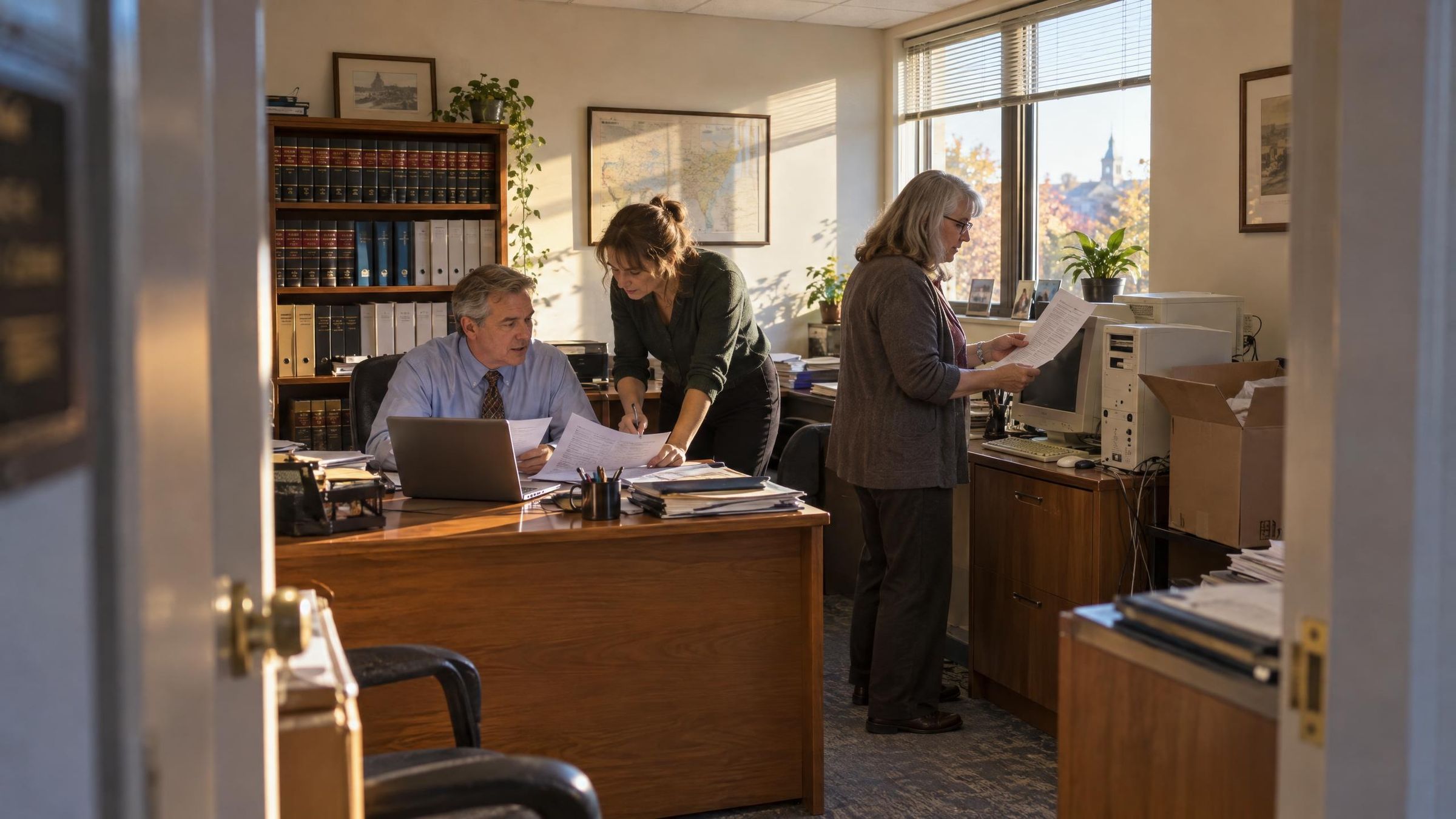 Three people in a sunlit law office checking printed reports beside an old desktop computer