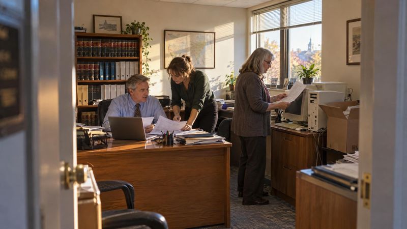 Three people in a sunlit law office checking printed reports beside an old desktop computer
