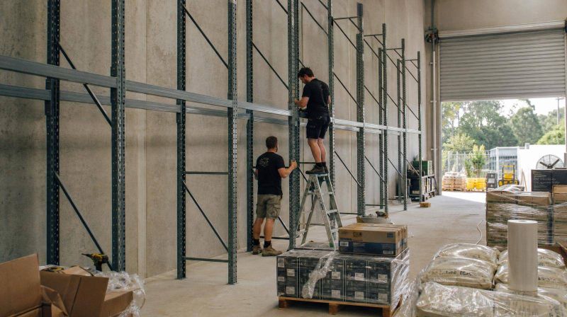 Two people levelling a beam on new steel racking, stock pallets waiting