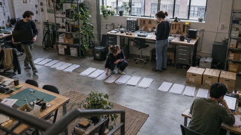 A founder counting fourteen months of statements laid out in order across a startup's floor