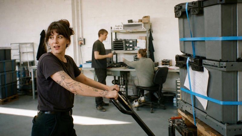 A woman moving a strapped pallet of crates past two colleagues at workbenches