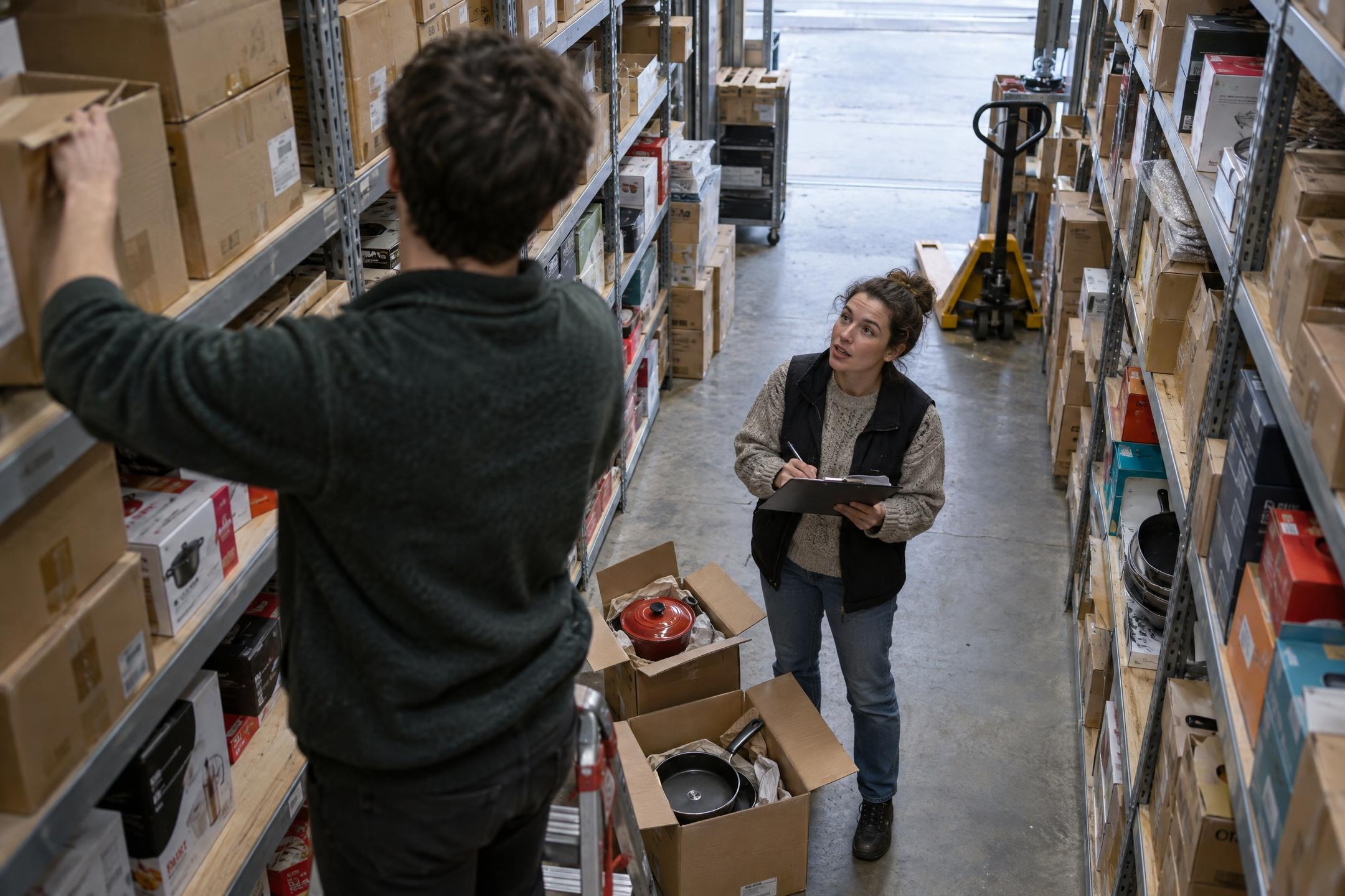 Two people count boxed cookware in a stockroom aisle, one on a ladder