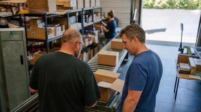 Two people looking into an opened carton on a warehouse conveyor, another picking behind