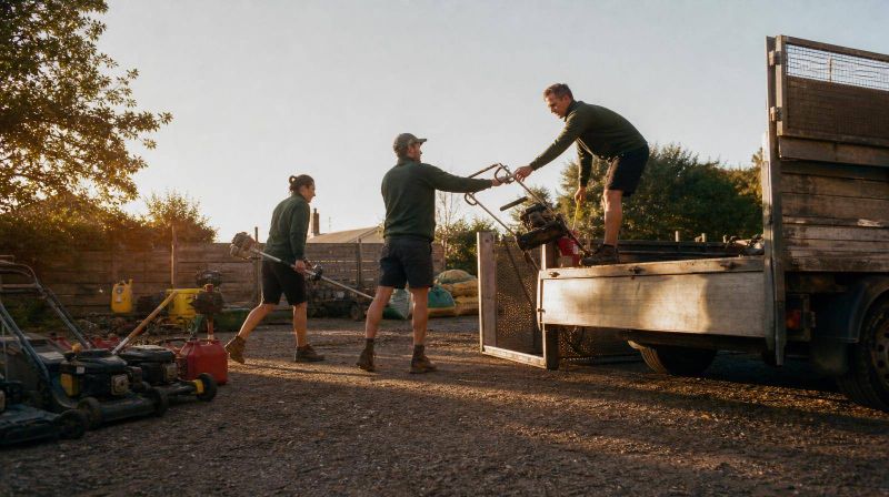 Three people loading mowers and tools onto a truck bed at sunrise