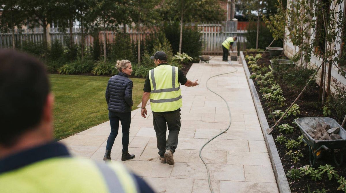 A landscaper walking a customer along a newly laid stone path, hose still down