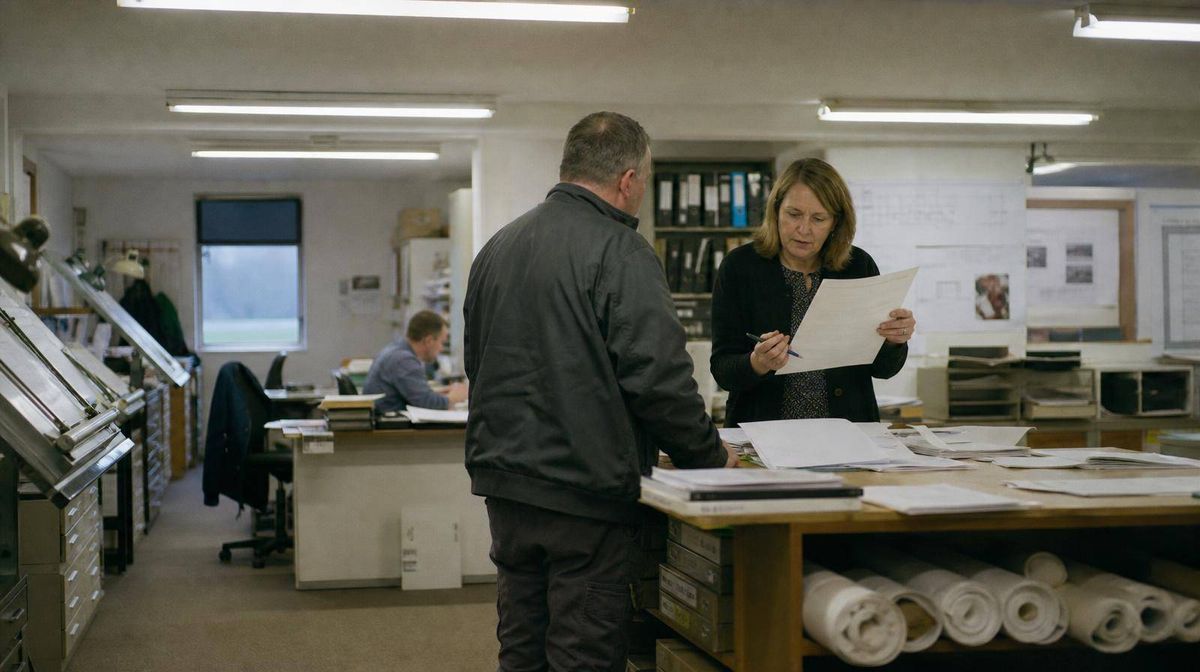 Two people standing at a drawing office table looking through a stack of paperwork