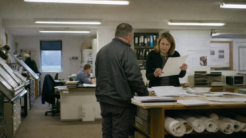 Two people standing at a drawing office table looking through a stack of paperwork