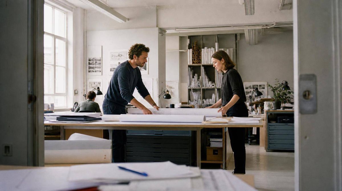 Two architects at a studio table passing a rolled set of drawings across