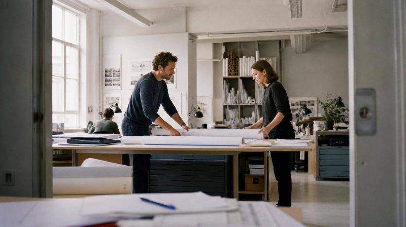 Two architects at a studio table passing a rolled set of drawings across