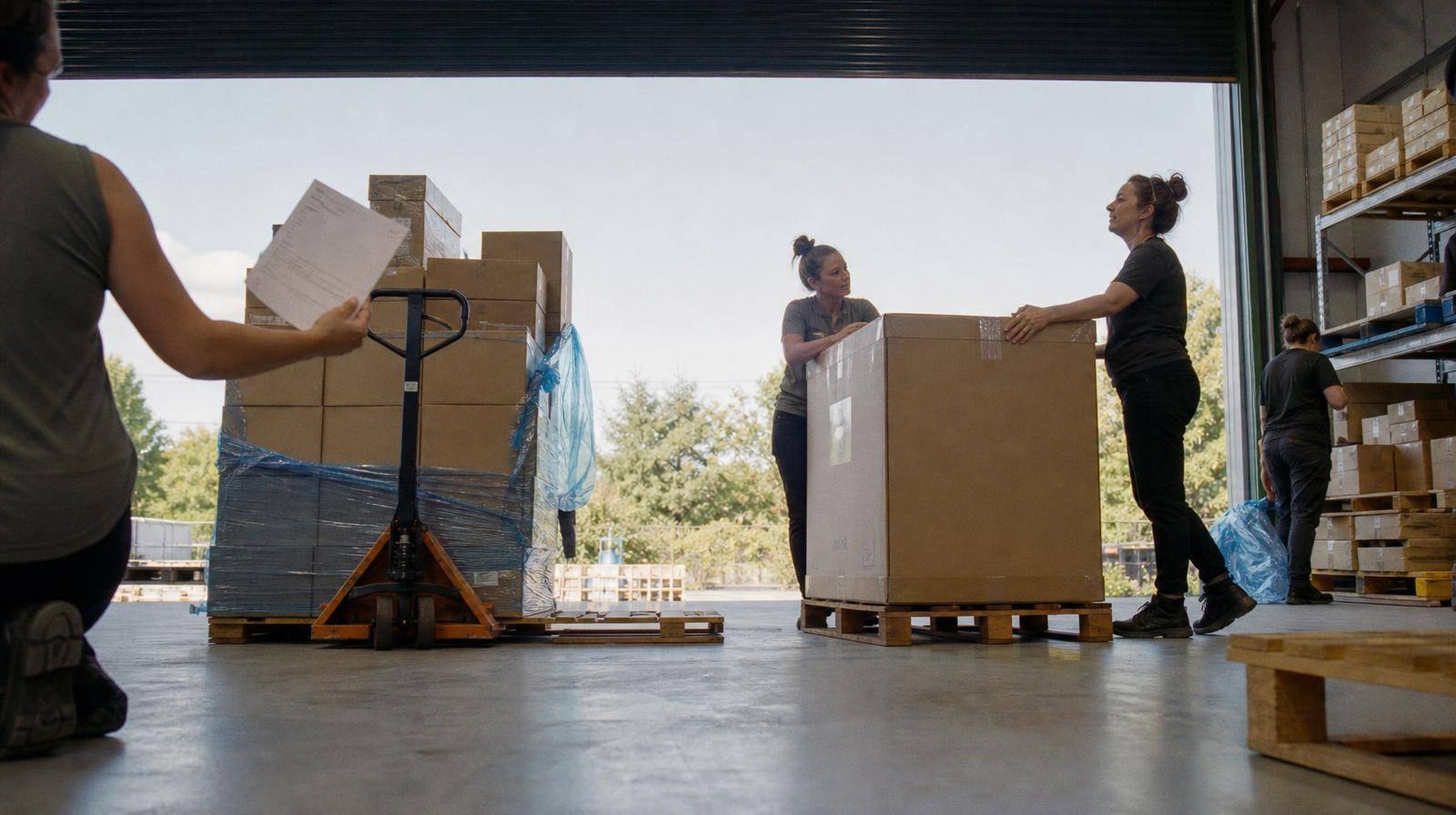 Two workers in a bright receiving bay splitting one pallet delivery into two stacks