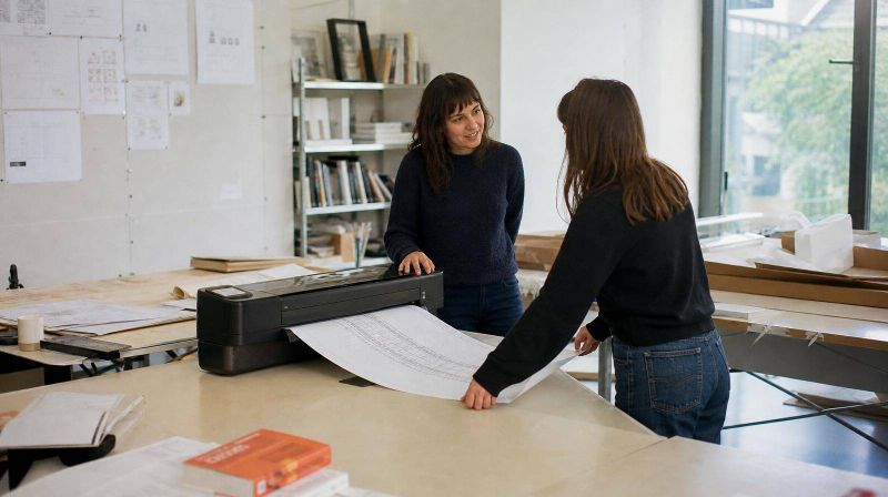 Two studio staff standing over a newly unboxed plan printer, drawings emerging