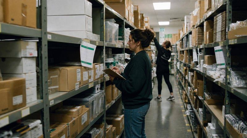 Two workers counting stock along a shelving aisle with paper count sheets