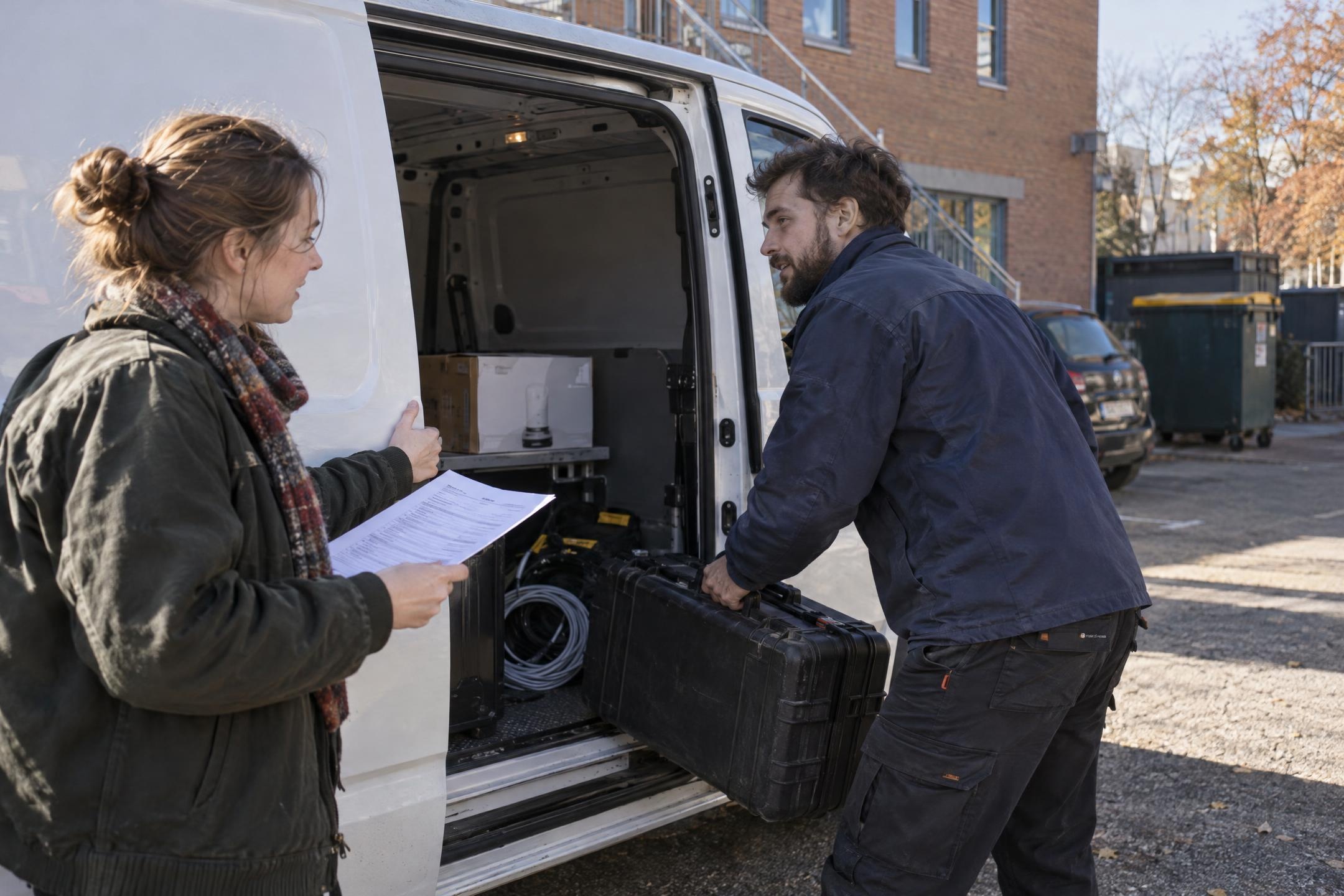 Two people loading a sensor box and a tool case into a white van