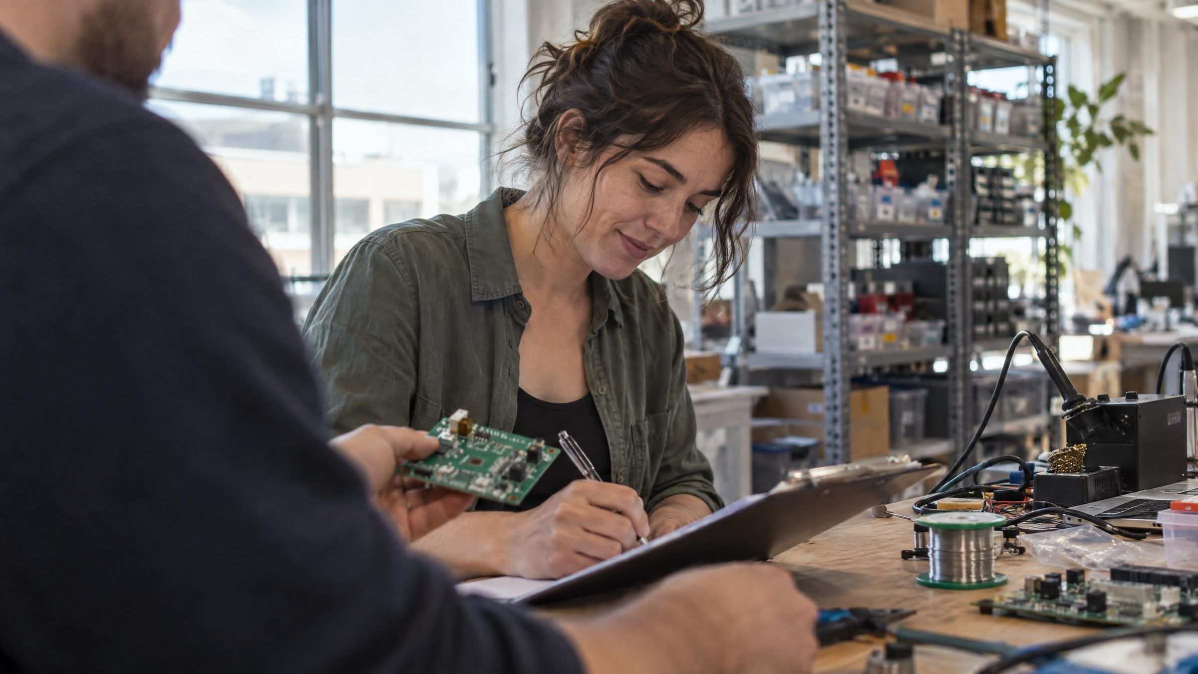 A freelance engineer signing a form at a hardware bench, handed a circuit board