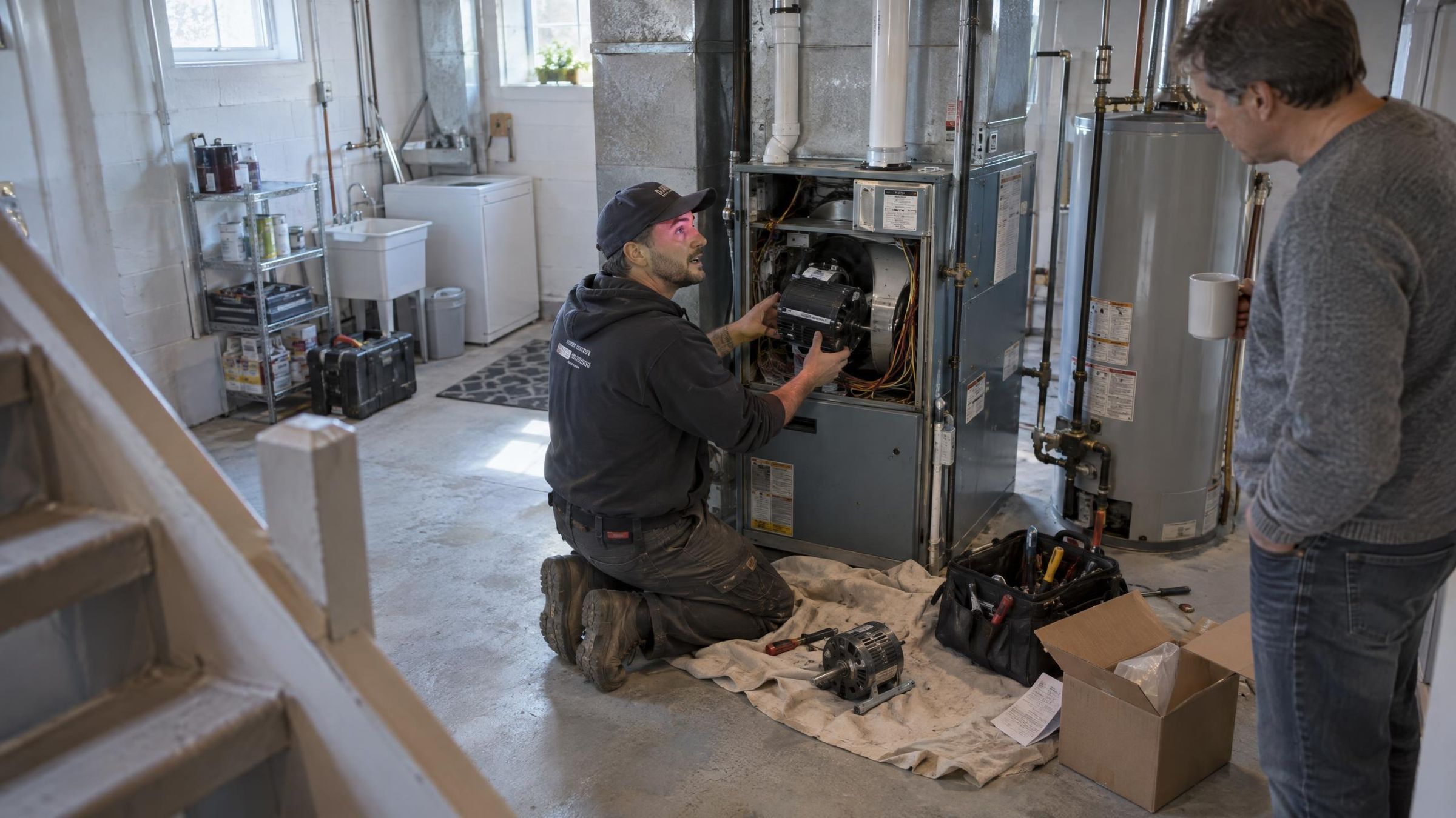 An HVAC technician fitting a new furnace fan motor while the homeowner watches