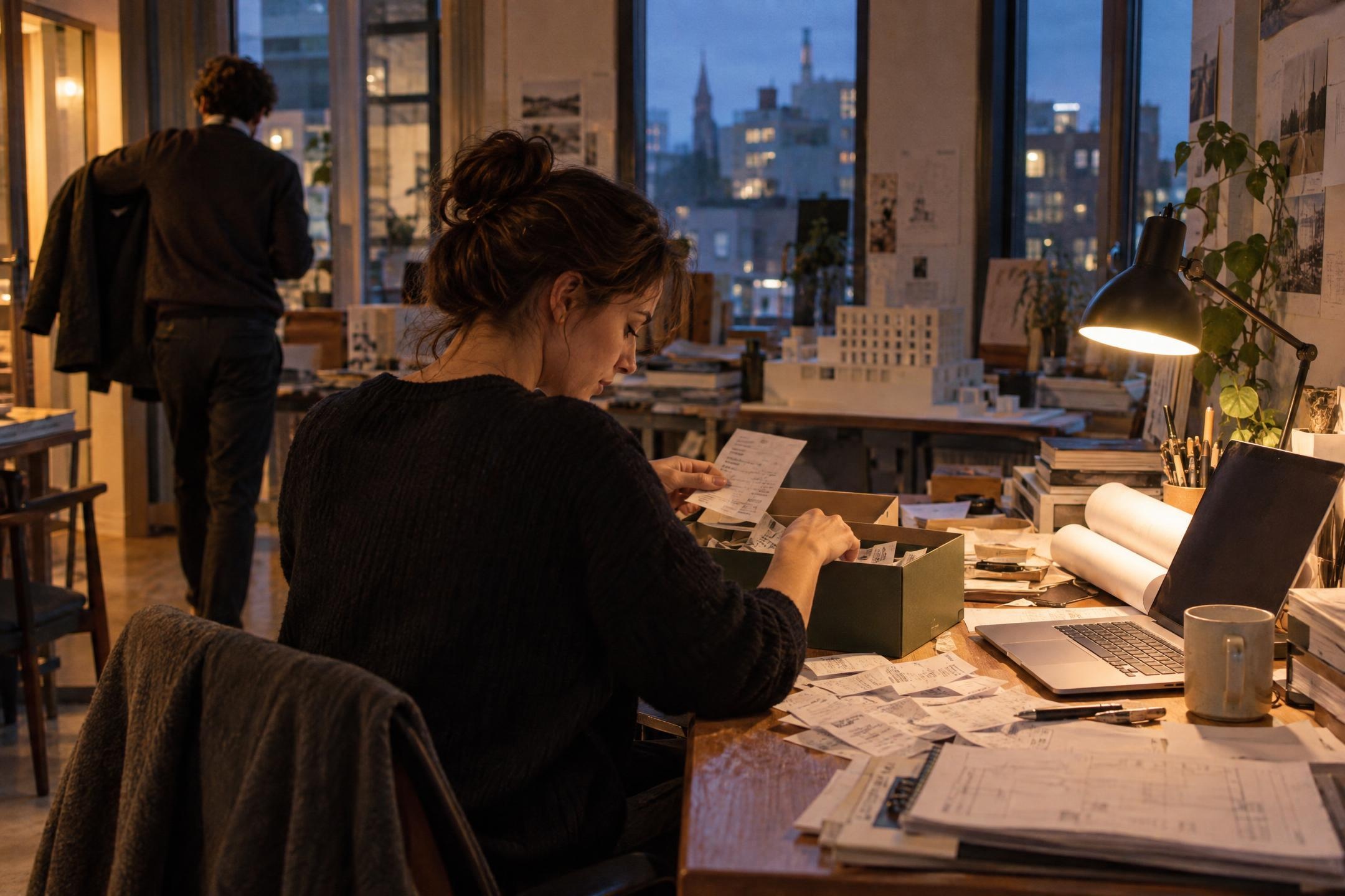 An architect searching a box of receipts at a studio desk while a colleague leaves