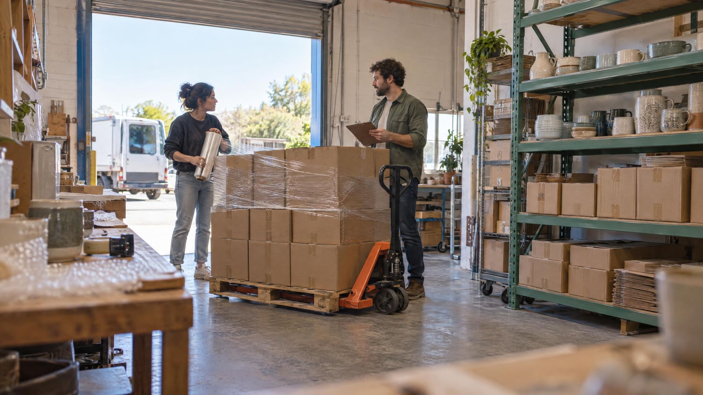 Two people talking across a half-wrapped pallet of cartons by an open loading door