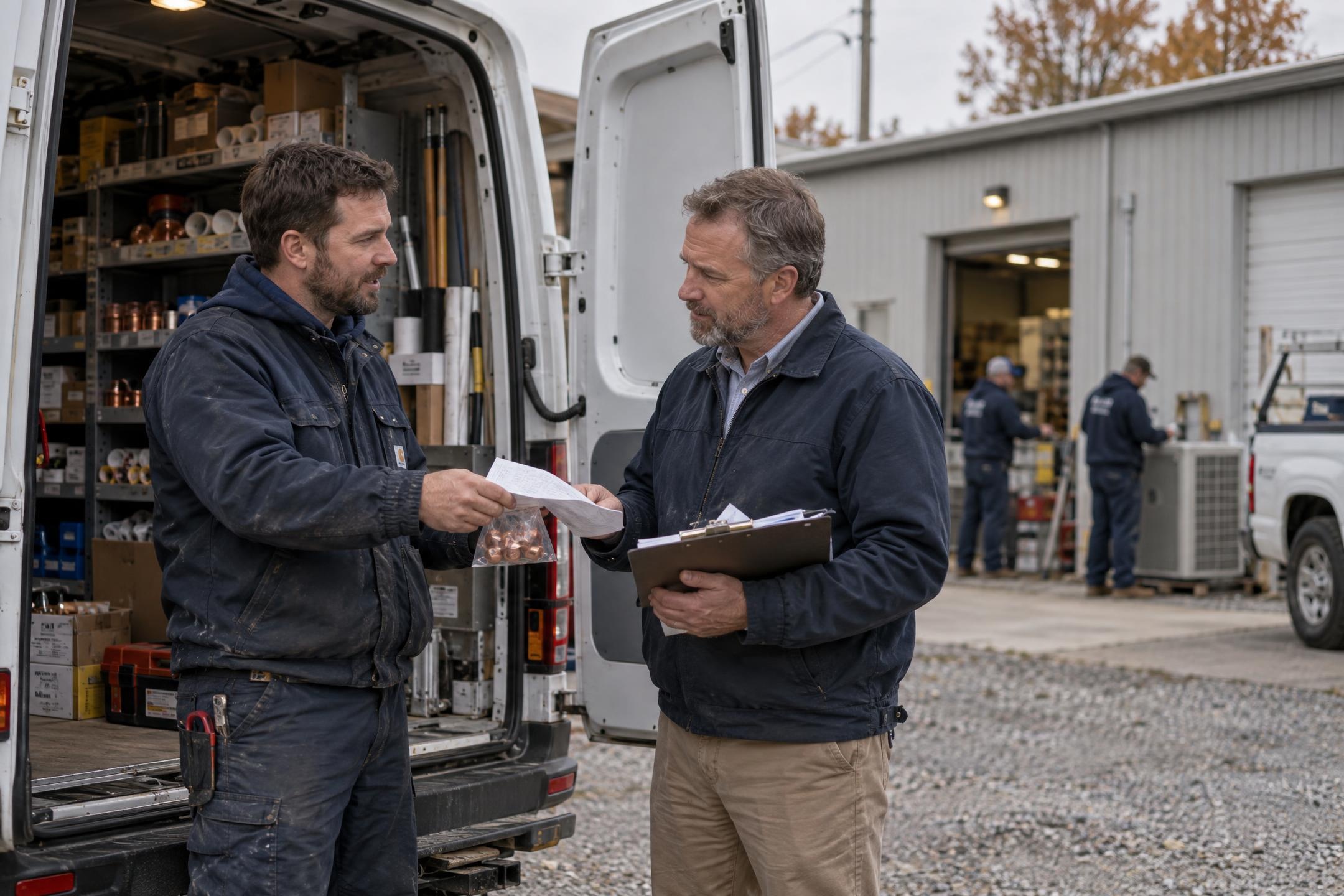 A technician hands the owner a folded receipt and a parts bag at a van A technician hands the owner a folded receipt and a parts bag at a van