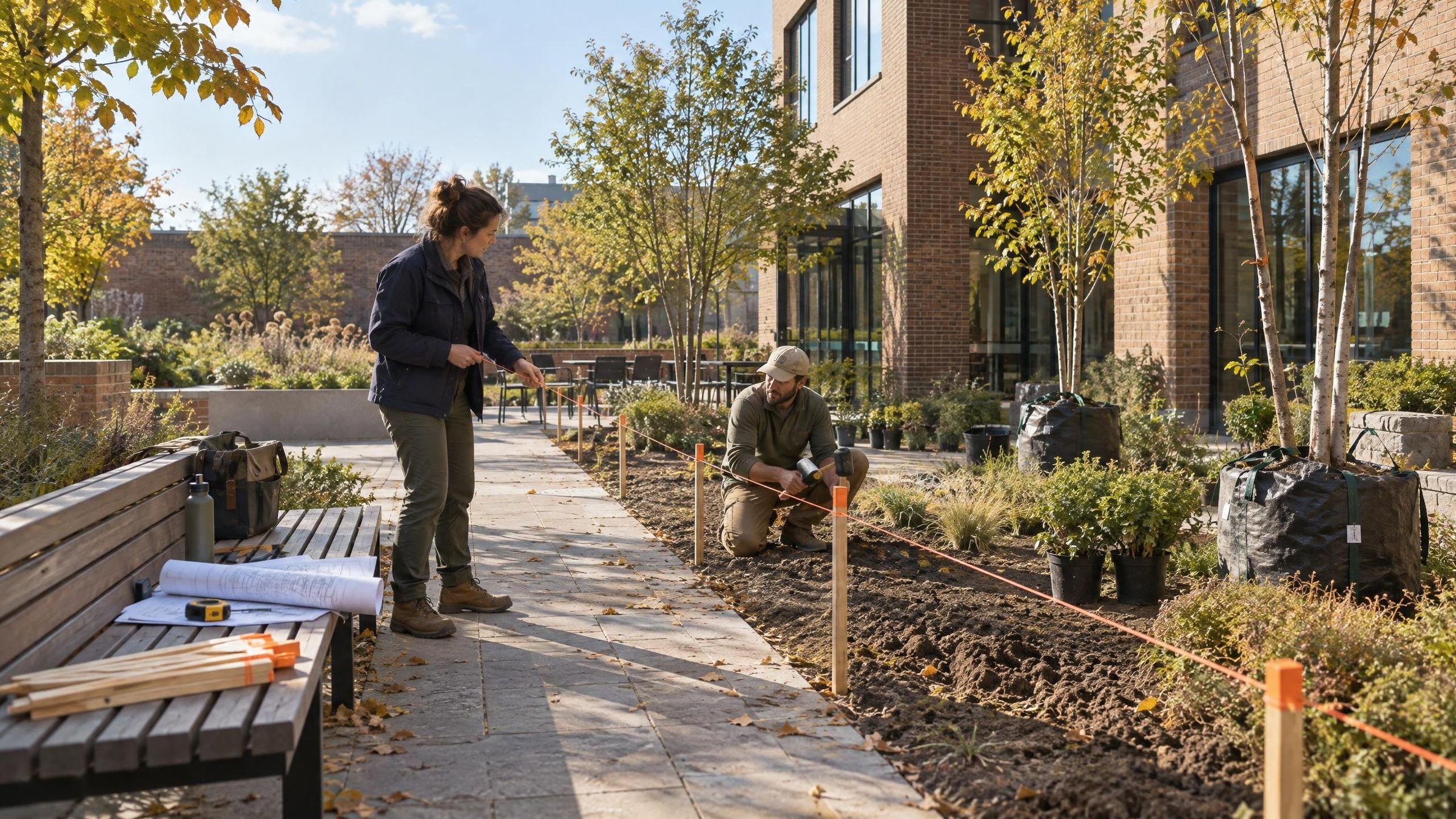 Two landscape designers staking out a planting bed with orange string in a courtyard