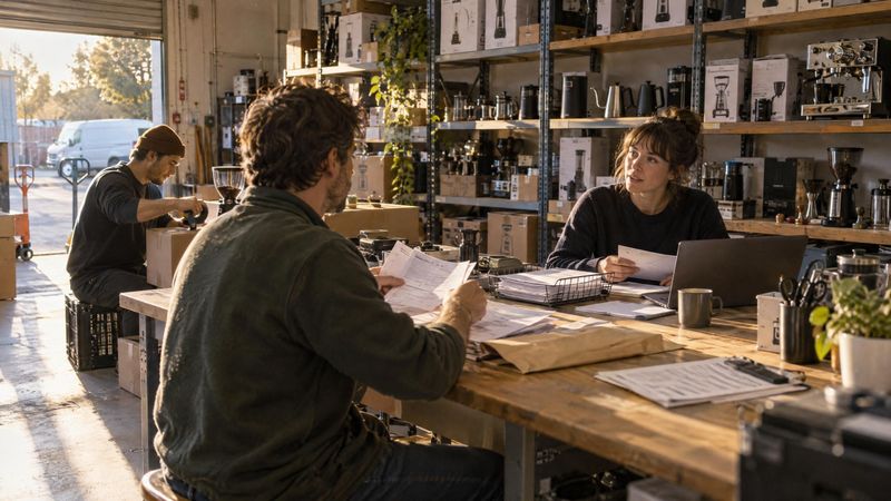 Three people at a packing bench sorting invoices into trays in a coffee-equipment stockroom