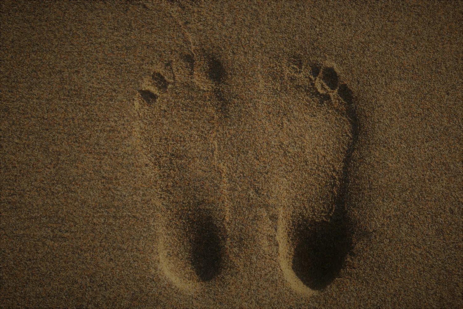 A pair of bare footprints pressed into sand