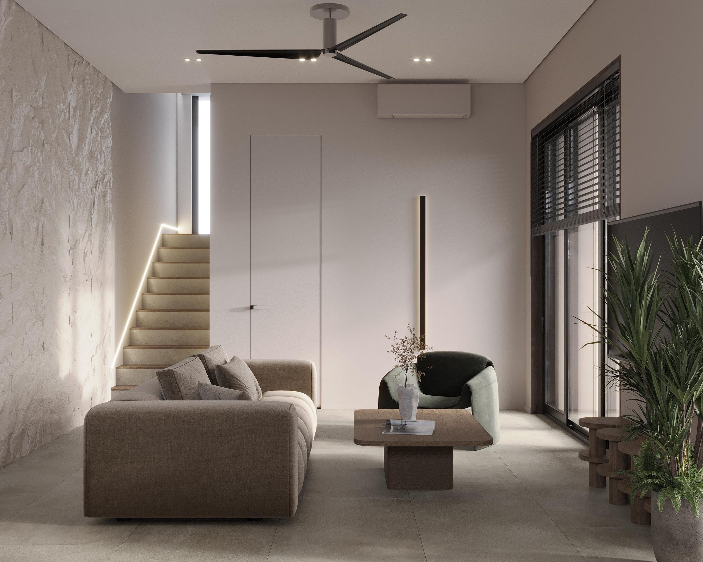Living room composed with stone and natural materials