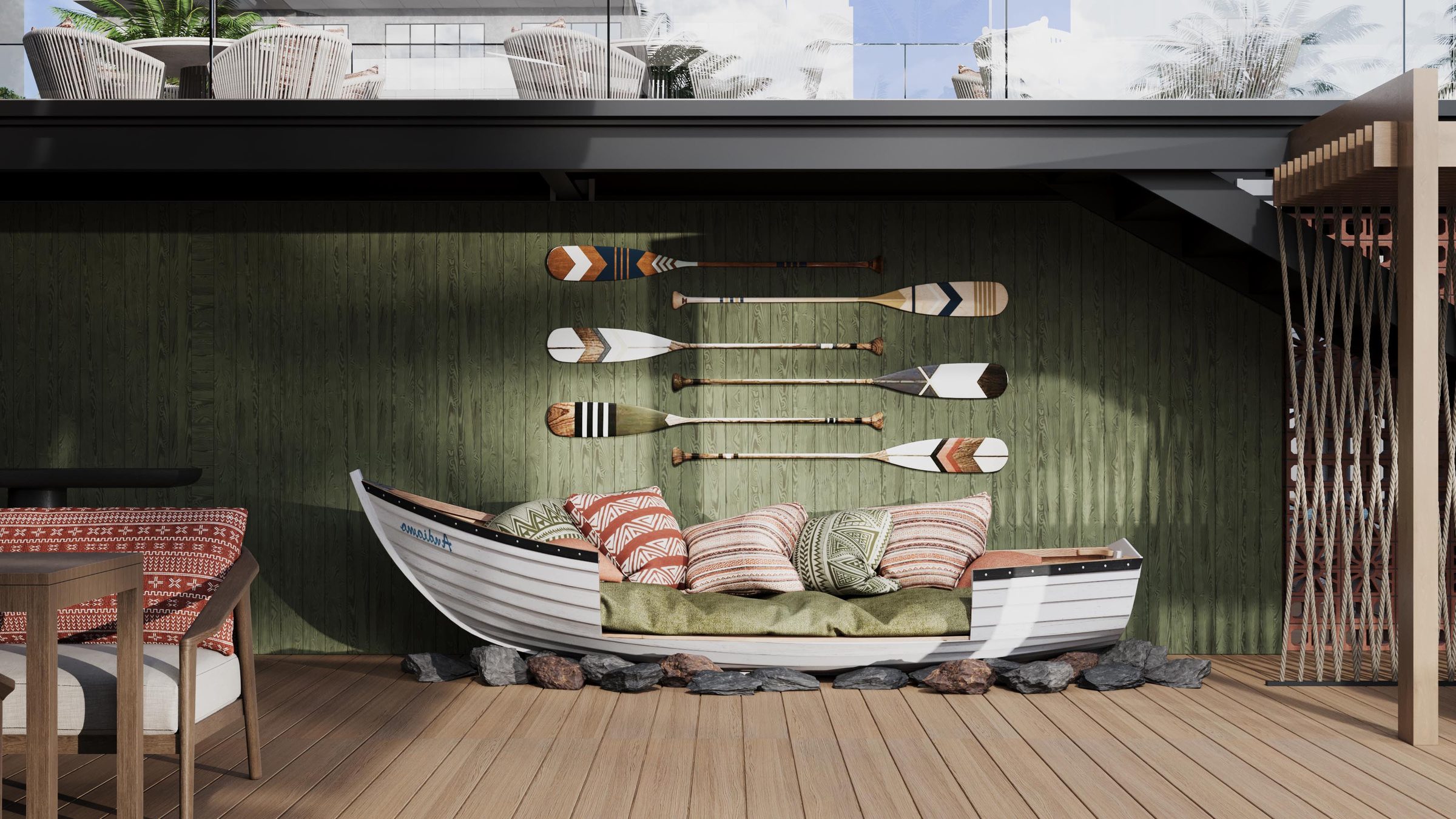 Surfboards beside the wave pool