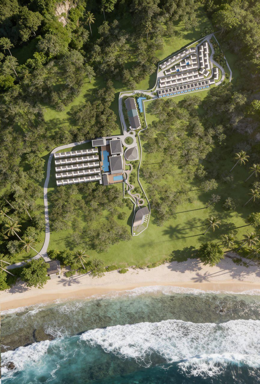 Aerial view of Solvyn City in the tropical landscape
