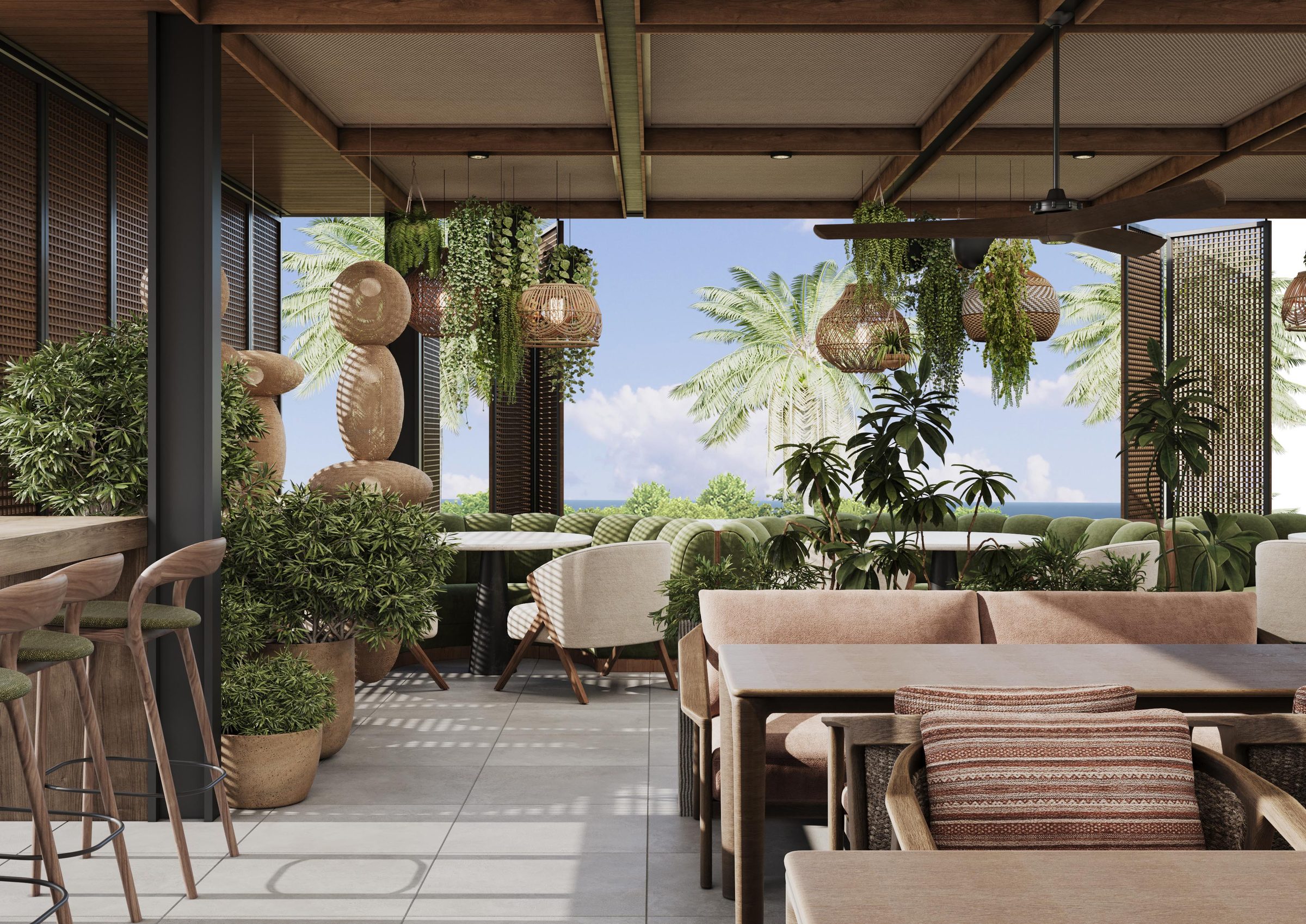 Outdoor cafe tables beside tropical gardens