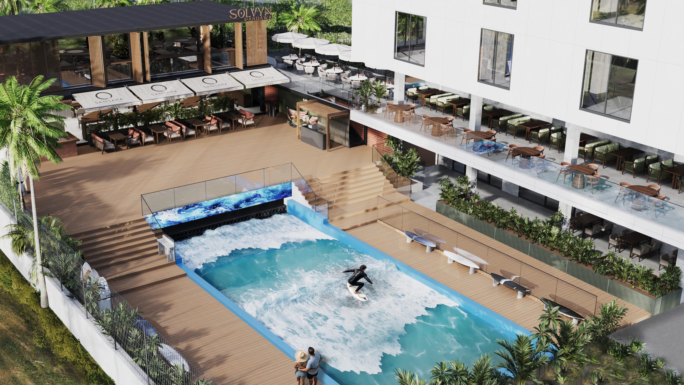 River Surf facility among palm trees