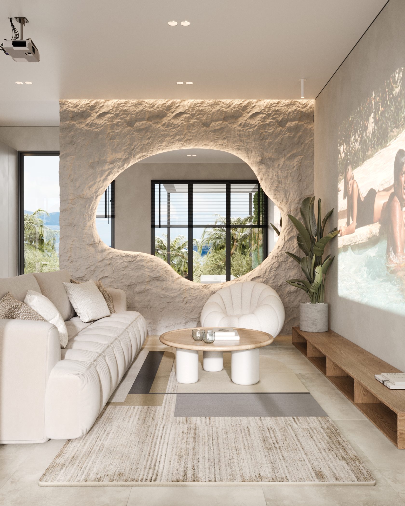 Sculptural arrival hall and reception interior