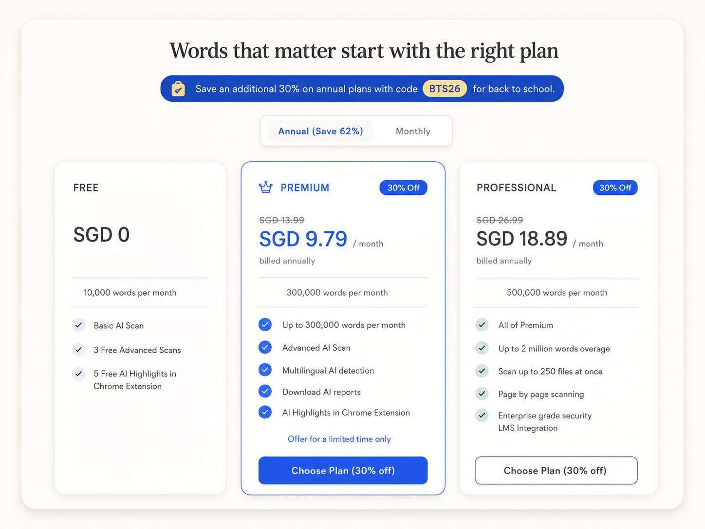 GPTZero pricing plans showing Free, Premium, and Professional tiers with annual discounts, word limits, and AI detection features.