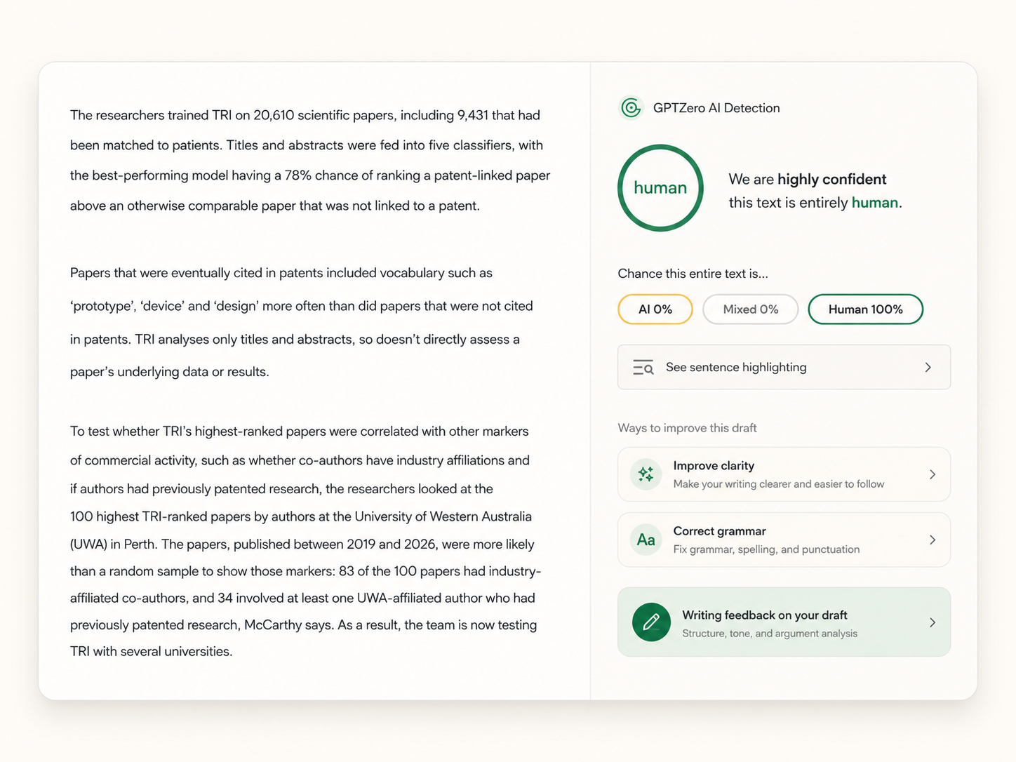 GPTZero AI Detector results showing 100% human classification, sentence highlighting, and writing feedback options for an academic text.