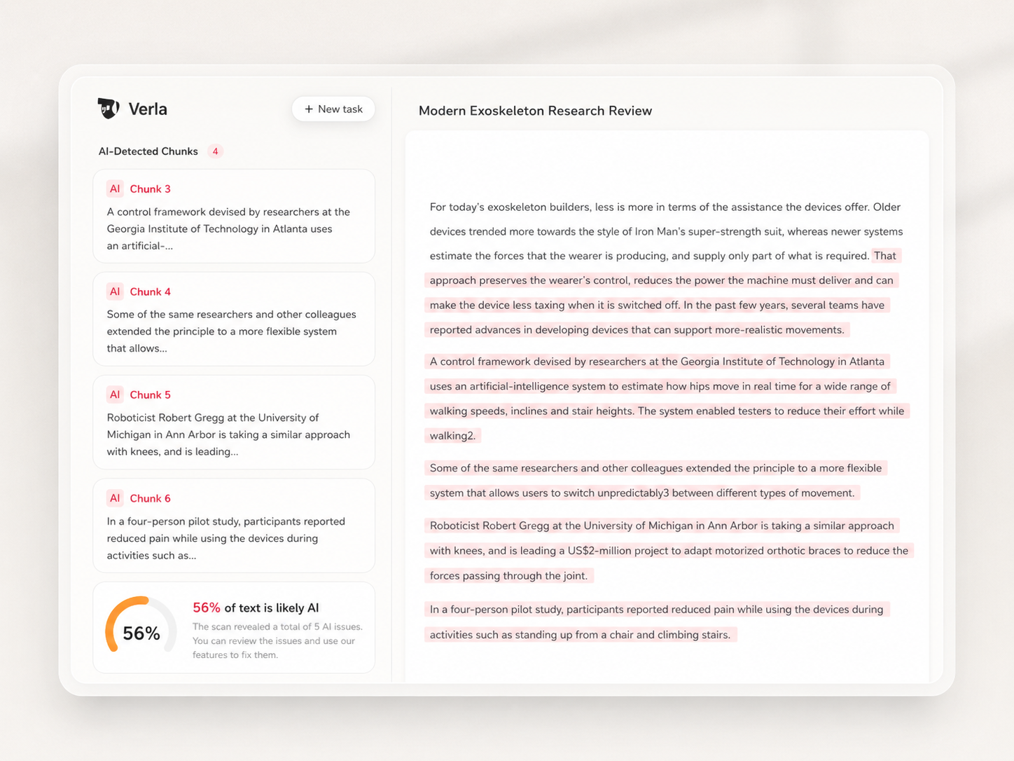 Verla AI detector highlighting AI-detected chunks in a research review and reporting 56% likely AI text