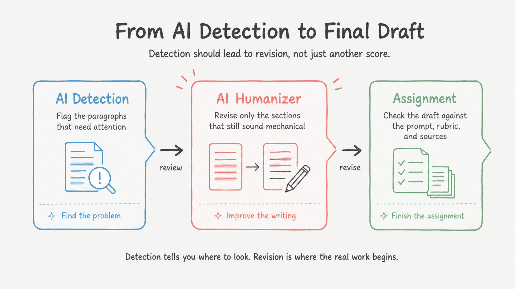 Workflow from AI detection to AI Humanizer revision and final assignment review